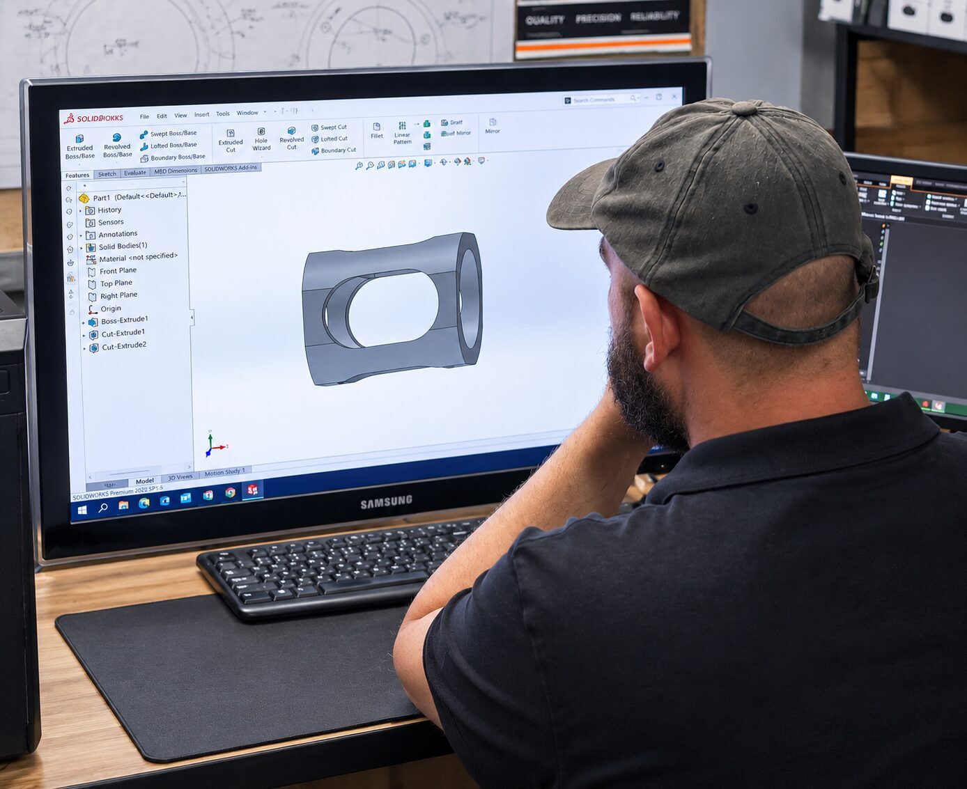 Kobot design engineer modelling a part in SolidWorks